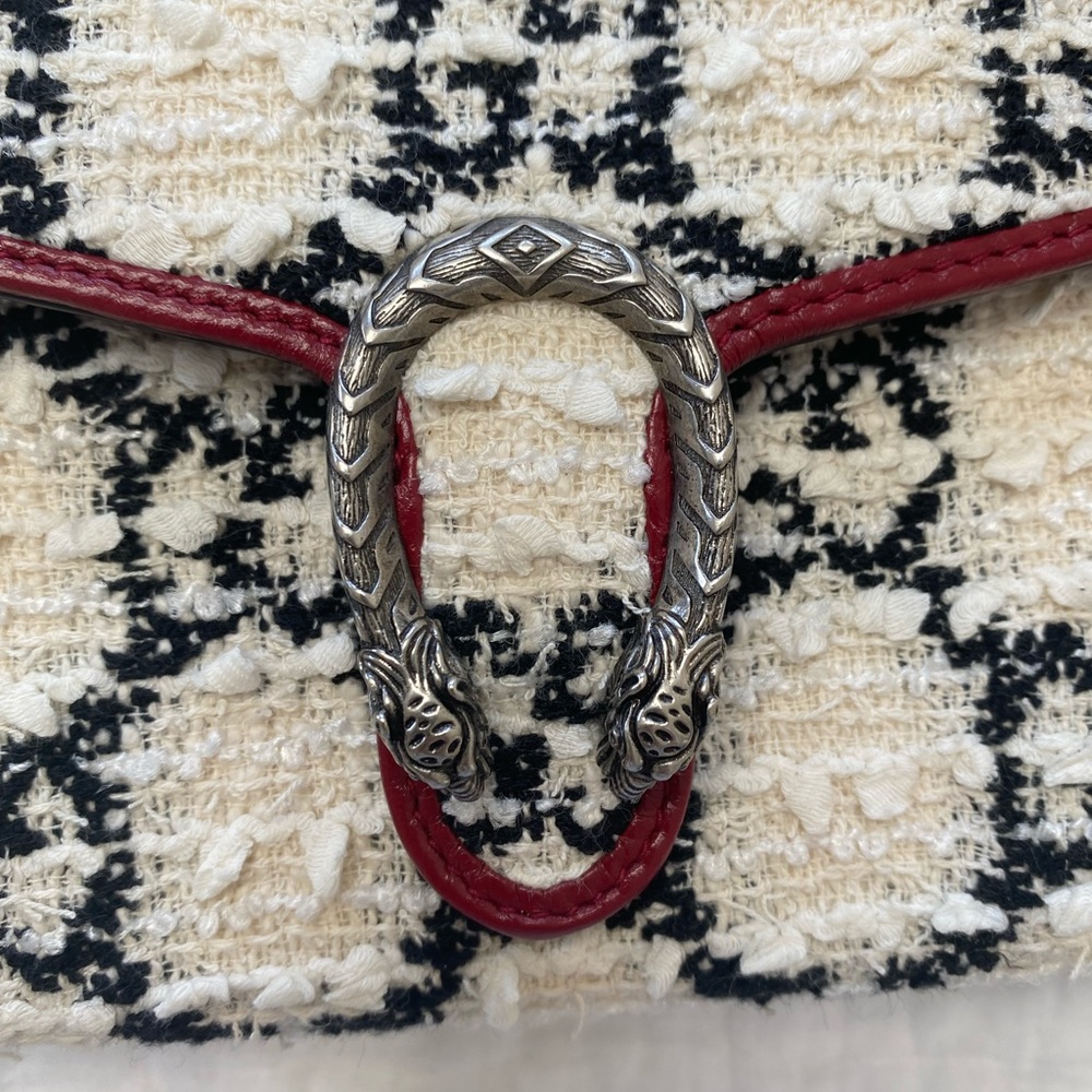 GUCCI Tweed GG Monogram Dionysus Shoulder Bag White Black Romantic Cherry - Picture 3 of 8
